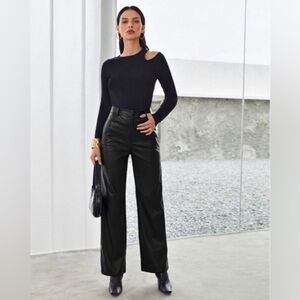 Black leather look high rise wide leg trouser pants